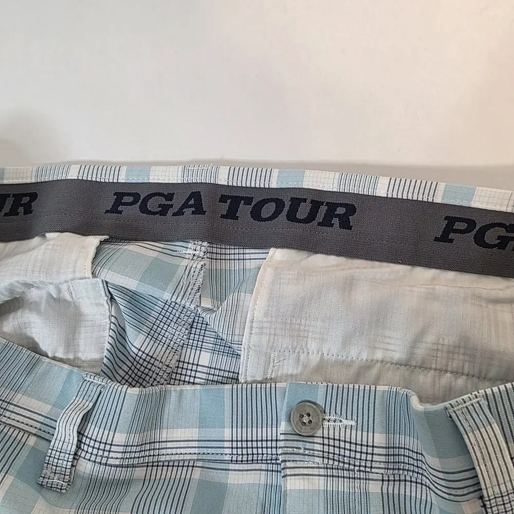 PGA Tour Golf Shorts Mens 38 Blue Plaid Flat Front Slash Pocket Casual Active